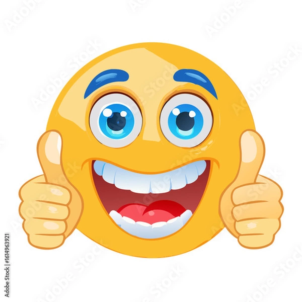 Fototapeta Happy Excited Emoji Face with Double Thumbs Up Sign Showing Full Approval Vector Illustration
