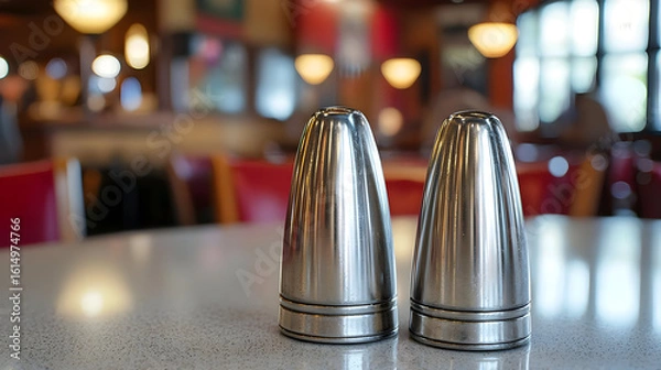 Fototapeta Two stainless steel salt and pepper shakers sit on a light gray table in a busy restaurant.  Blurred interior of the restaurant is visible in the background