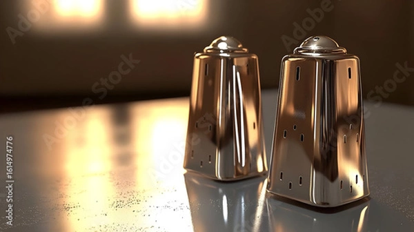 Fototapeta Two shiny, metallic salt and pepper shakers sit on a reflective surface, bathed in warm light.  Details of the shakers' design are visible