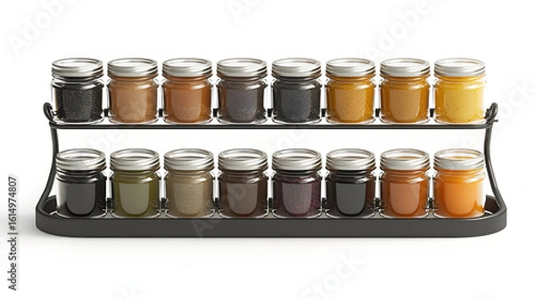 Fototapeta Two-tiered metal rack holds numerous small glass jars, filled with various preserves and jams.  Different colors and textures are showcased