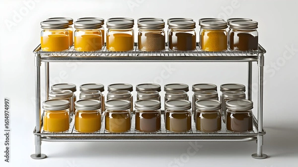 Fototapeta Two-tiered metal rack holds various glass jars filled with different colored liquids and powders.  Healthy food storage or specimen display