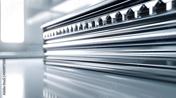Fototapeta Sleek, metallic appliance with precise details.  Rows of  holes arranged in a  uniform pattern.  Modern design