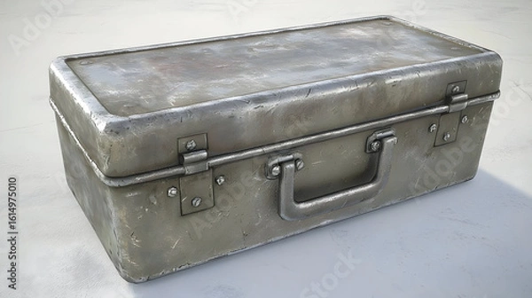 Fototapeta A weathered, rectangular metal tool box, showing signs of age and use.  The metal has a muted greyish-green patina.  It has a handle and a clasp closure