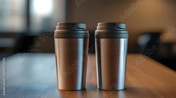 Fototapeta Two stainless steel tumblers on a wooden table.  Close-up of the insulated cups with dark gray lids.  Blurred cafe background