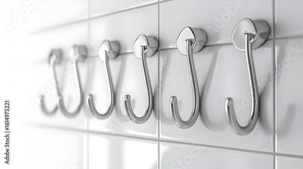 Fototapeta Chrome towel hooks on white tile.  Five hooks are neatly arranged