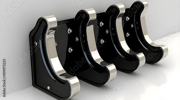 Fototapeta Four coat hooks mounted on a wall, sleek design.  Modern, black, curved, metal,  and  silver accents,  practical, stylish, and well-crafted
