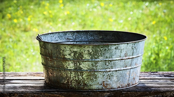 Fototapeta Rustic metal basin on weathered wooden surface, surrounded by vibrant green grass and wildflowers