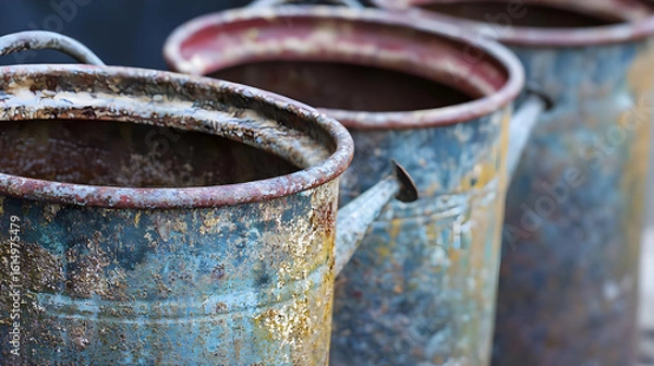 Fototapeta Aged metal watering cans, close-up view.  Three rustic, cylindrical containers with handles and spouts.  Rough, weathered surfaces, showing rust and varied blue/gray tones.  Shallow depth of field