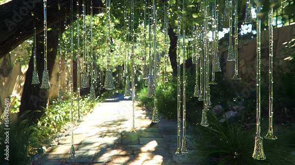 Fototapeta Glass teardrops hang from trees over a garden path, casting light