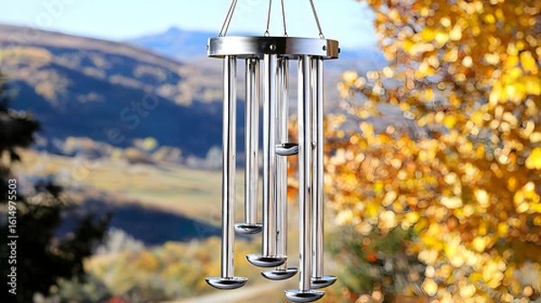 Fototapeta Elegant wind chime with long, polished metal rods, suspended from a circular frame, against a backdrop of autumn foliage and a mountain vista