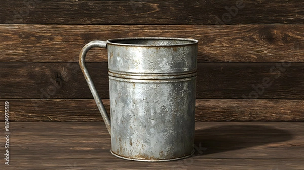 Fototapeta Rustic, weathered metal pitcher on a wooden surface.  The pitcher has a handle and horizontal bands.  It's aged, with a slightly rusted appearance