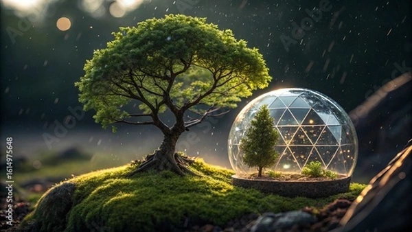 Fototapeta Lush green tree and sapling protected inside a glass dome in a misty forest