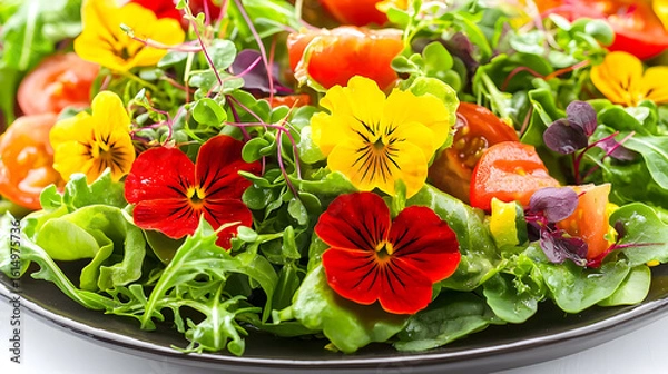 Fototapeta Vibrant salad with edible flowers and fresh greens. Colorful edible flowers,  tomatoes,  and various greens create a visually appealing and healthy dish