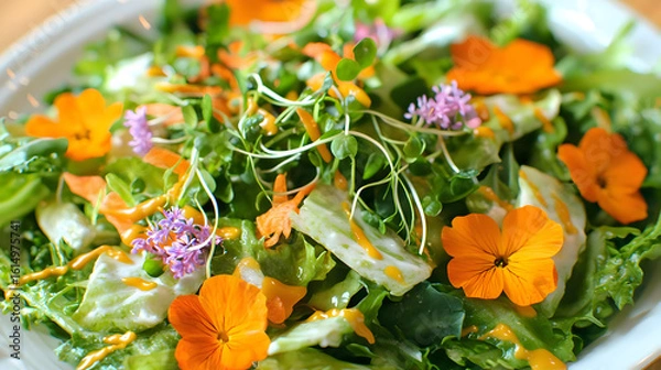 Fototapeta Fresh salad with edible flowers and vegetables.  A vibrant mix of greens, carrots, and herbs, dressed with a light dressing.  Garnished with edible flowers
