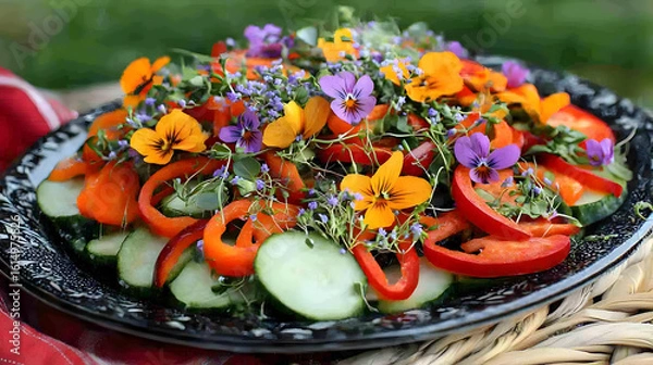 Fototapeta Colorful vegetable salad topped with edible flowers and herbs.  Sliced bell peppers, cucumbers, and edible flowers are arranged on a platter. Fresh herbs add a touch of flavor and color
