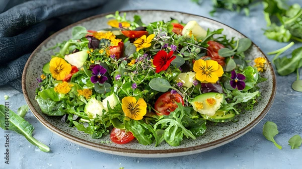 Fototapeta Vibrant salad with edible flowers, avocado, and cherry tomatoes. Fresh greens, herbs, and colorful edible blossoms create a visually appealing and healthy meal