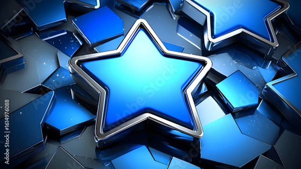 Fototapeta Blue stars on a dark, geometric background.  Shiny, 3D stars and shapes