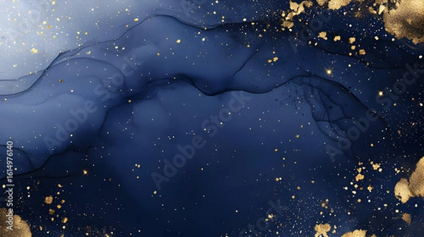 Fototapeta Abstract navy blue and gold marbled background with flowing lines and scattered gold glitter