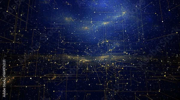Fototapeta A deep space network of golden lines and data points against a dark blue backdrop.  Interconnected, complex, and vast