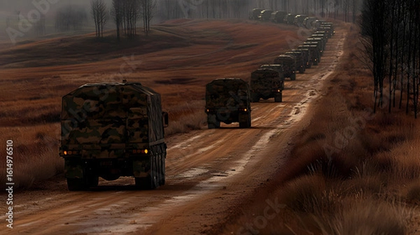 Fototapeta Military vehicles convoy on a dirt road through a desolate landscape.  A long line of trucks, camouflaged, travels down a rutted track,  surrounded by barren land and trees