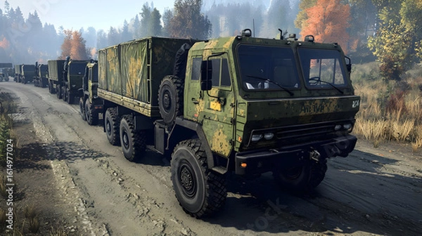 Fototapeta Military trucks convoy on a dirt road, autumn forest backdrop.  Multiple trucks with cargo containers, camouflage pattern, large tires, and robust construction