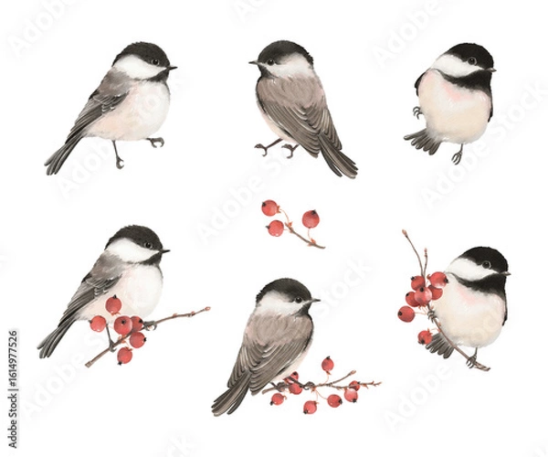 Obraz Watercolor set with cute birds chickadee on branches with red berries hawthorn. Isolated illustration for your autumn or winter design, hand drawn collection.