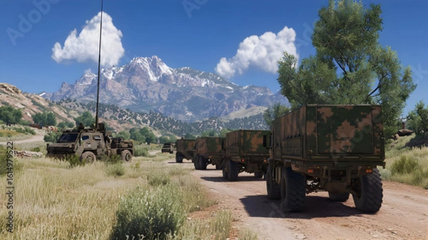 Fototapeta Military convoy on a dirt road, mountains in the background. Camouflaged trucks travel along a scenic route through a grassy valley, towards a snow-capped mountain range