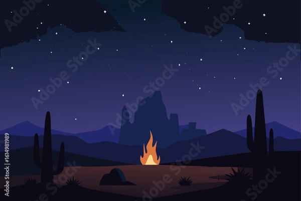 Obraz Desert night scene with campfire and starry sky
