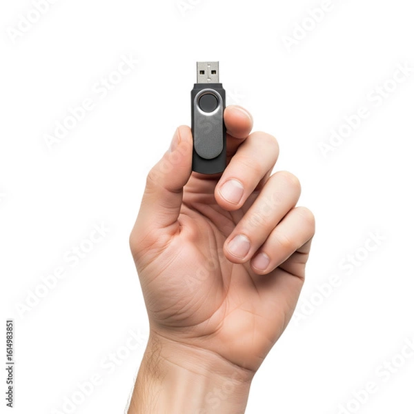 Obraz Hand holding a black and silver USB flash drive isolated on transparent background