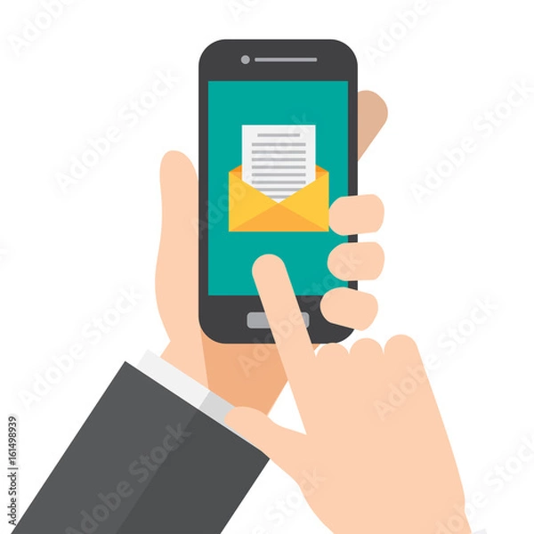 Obraz mail , message. hand holds smartphone. vector illustration.