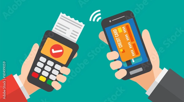 Obraz smartphone payment with credit card reader machine. vector illustration.