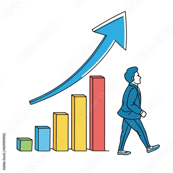 Fototapeta Businessman pushing 3D growth chart, vectors illustrating financial success and market progress white background EPS file download.
