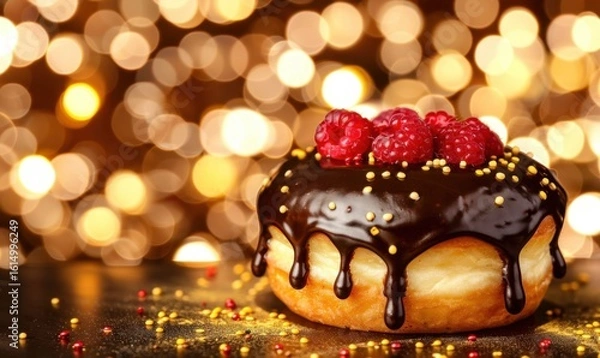Fototapeta Chocolate glazed donut with raspberries and golden sprinkles delicious treat