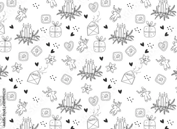 Fototapeta Seamless pattern  of German Christmas tradition elements. German Christmas Bread, Cookies and advent candles. Vector doodle line art hand drawn  illustration.
