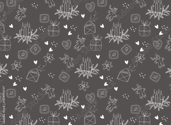 Fototapeta Seamless pattern  of German Christmas tradition elements. German Christmas Bread, Cookies and advent candles. Vector doodle line art hand drawn  illustration.