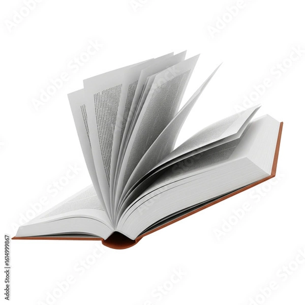 Fototapeta Open book with pages turning in mid-air, showcasing text and a brown cover isolated on transparent background