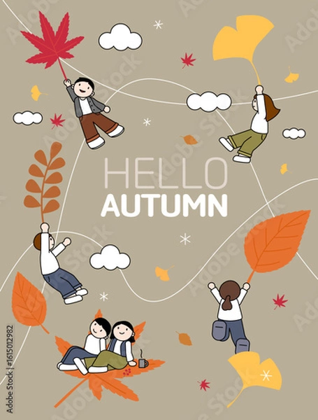 Fototapeta 사람들이 단풍잎에 메달려 즐거워하고 있는 이미지(벡터)