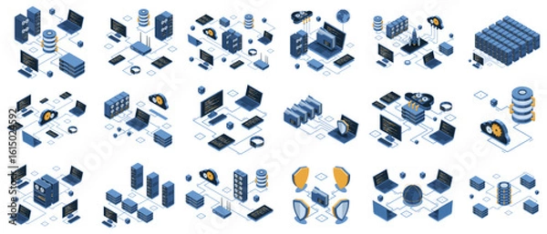 Fototapeta Set of isometric modern technology concept for cloud computing, datacenter, database, artificial intelligence, and blockchain technology. Isometric technology