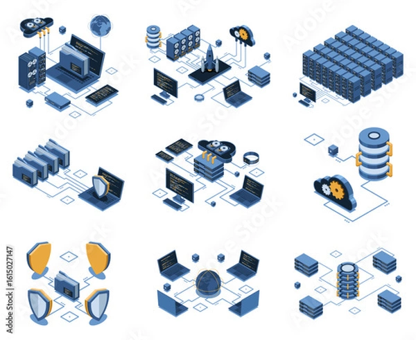 Fototapeta Set of isometric modern technology concept for cloud computing, datacenter, database, artificial intelligence, and blockchain technology. Isometric technology