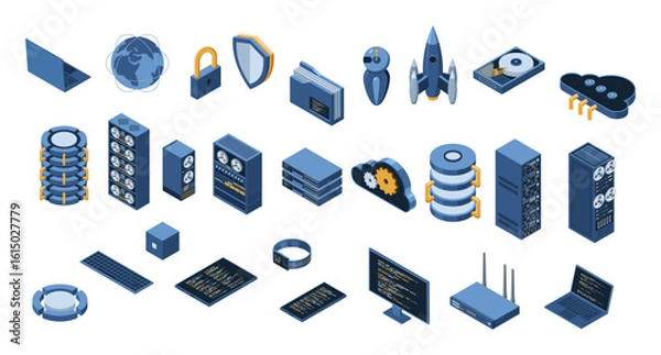 Fototapeta Set of isometric computer technology. Isometric set server equipment. Cloud network and database platform. Isometric technology