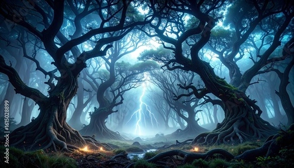 Fototapeta Haunted Forest Under Flashing Storm Clouds