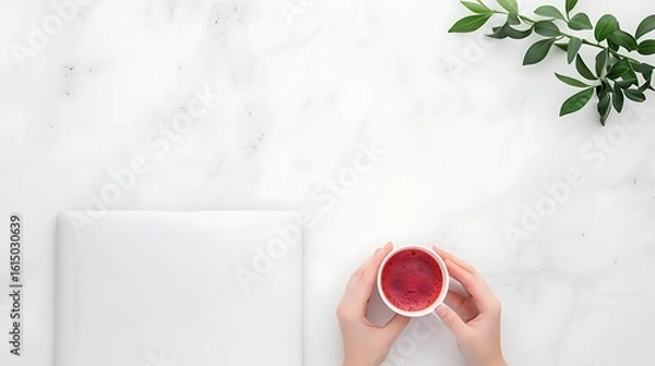 Obraz Cozy morning coffee break with a book and greenery