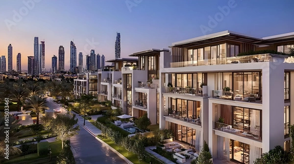 Fototapeta Modern luxury villas with extensive landscaping, overlooking a city skyline.  A quiet street leads to the villas, with multiple floors and balconies.  Outdoor patio spaces and pools are featured