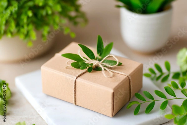 Fototapeta Minimal packaging design with kraft box and natural elements