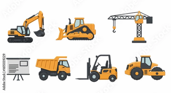 Fototapeta A collection of various construction vehicles and equipment, presented in a flat, illustrative style.
