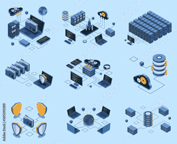 Fototapeta Set of isometric modern technology concept for cloud computing, datacenter, database, artificial intelligence, and blockchain technology. Isometric technology