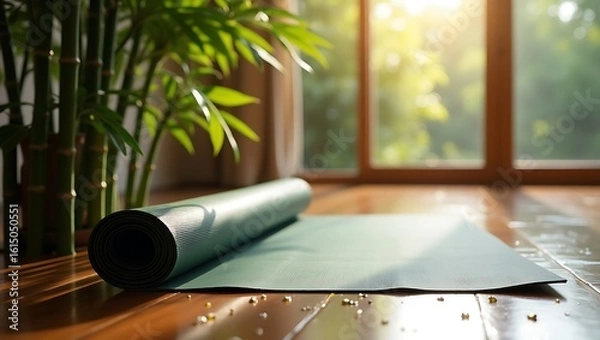 Fototapeta A partially unrolled yoga mat on a wooden floor near a window and bamboo plants in soft sunlight
