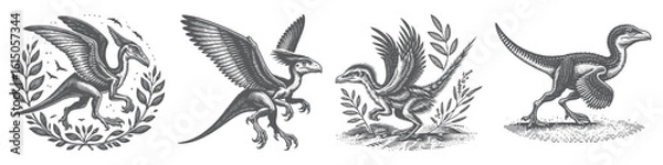 Fototapeta Vintage Hand-Drawn Velociraptor Collection Illustration, Prehistoric Predator Engraved Style Vector for T-Shirts and Dinosaur Themes Design