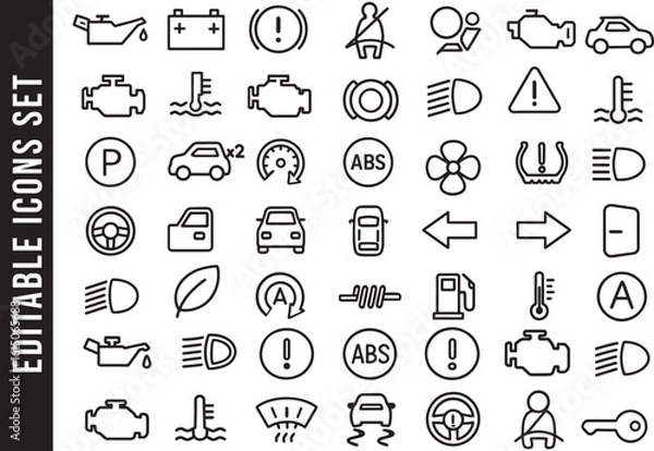 Fototapeta Editable Set of Car Dashboard Warning Lights and Indicator Icons