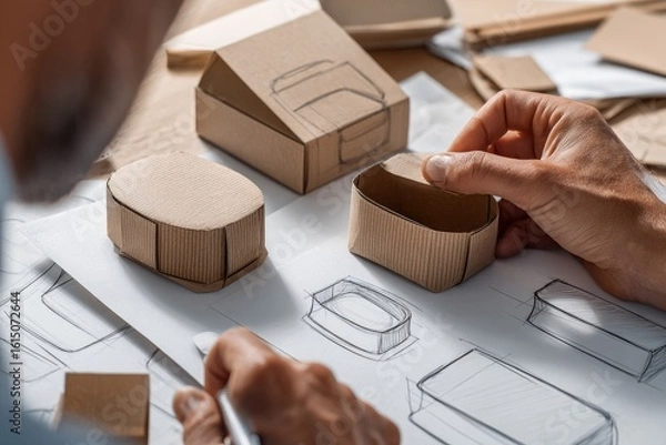 Obraz Designer working on cardboard packaging prototypes